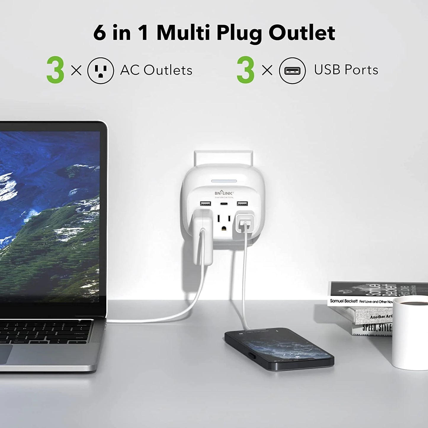 Multi Plug Outlet Extender with 3 Outlets and 3 USB Ports, 3 AC Outlet Splitter with 3 USB Ports (1 USB C), Wall Charger Adapter for Dorm, School, Travel, Office, Home, Travel, 1 Pack