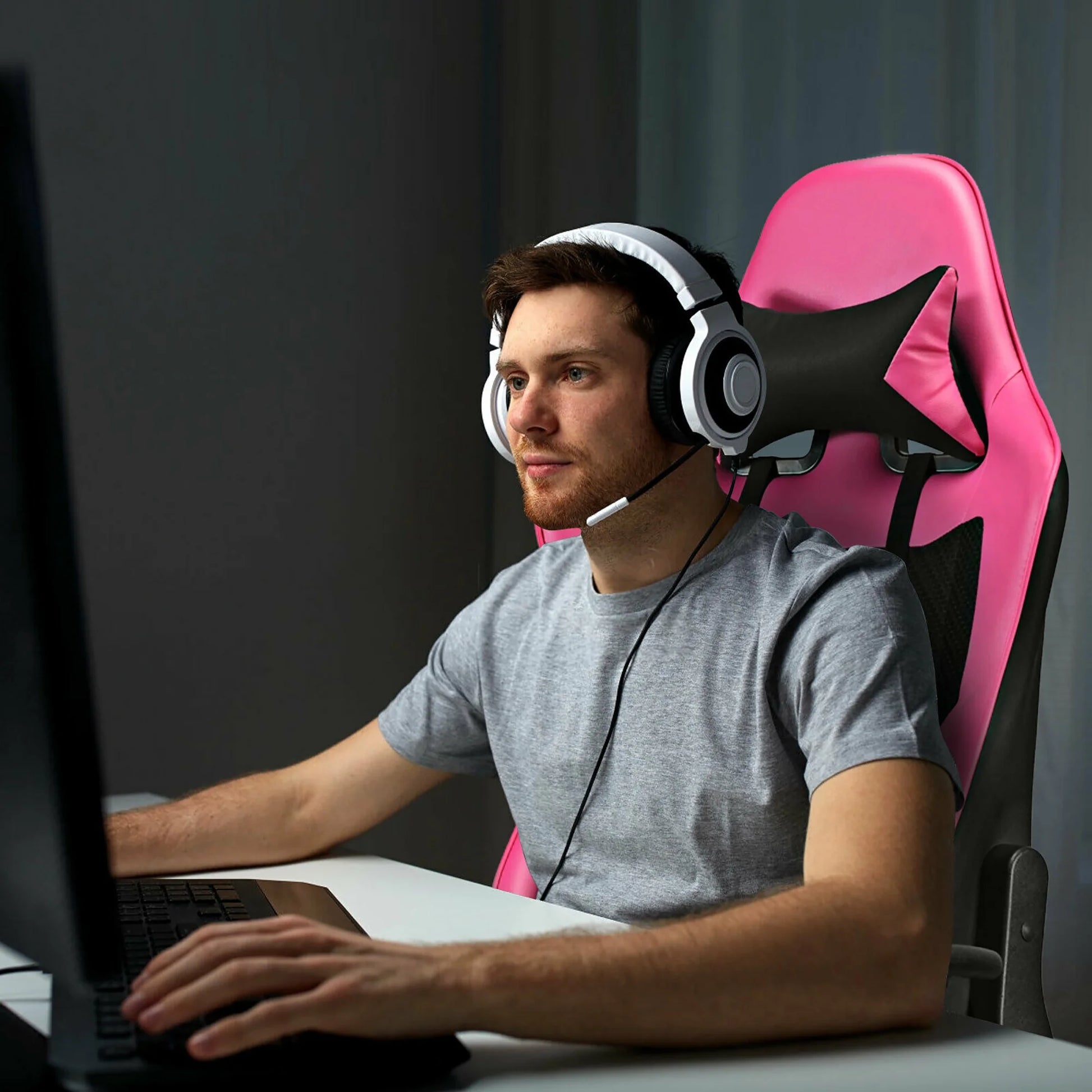 Massage Gaming Chair Reclining Racing Office Computer Chair with Footrest Pink