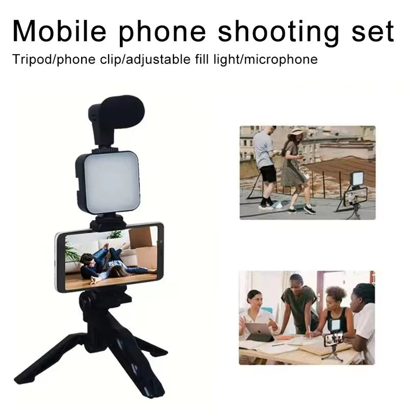 Smartphone Vlogging Kit: Tripod, Phone Holder, Mini Microphone, and LED Fill Light for TikTok Live Streaming and YouTube Videos