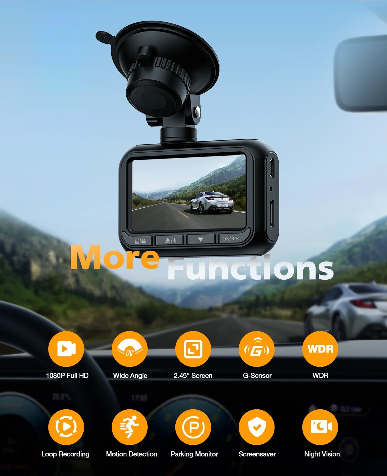 Dash Cam for Cars, 2.45-Inch Full HD 1080P Front Dash Cam Wide Angle Vehicle Video Driving Recorder Car Security Camera