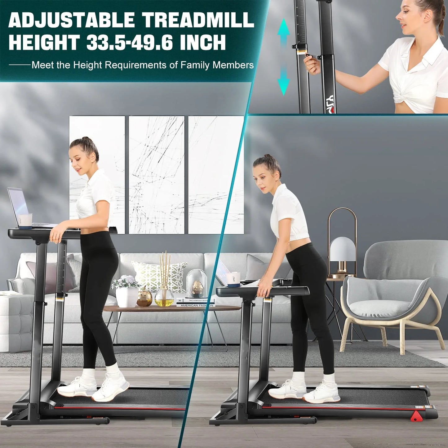 33-50" Adjustable Height Treadmill with Desk, 300 LBS Weight Capacity, Folding Treadmill with Incline, Bluetooth Speaker & App, 64 Training Program Exercise Treadmills for Home Office
