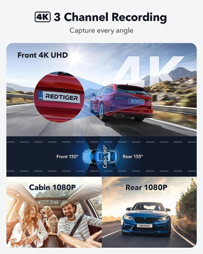 Redtiger F17 4K 3-Channel Dashcam + Hardwire Kit Double-4 Fuses with IR Night Vision & G-Sensor Emergency Recording Springtok