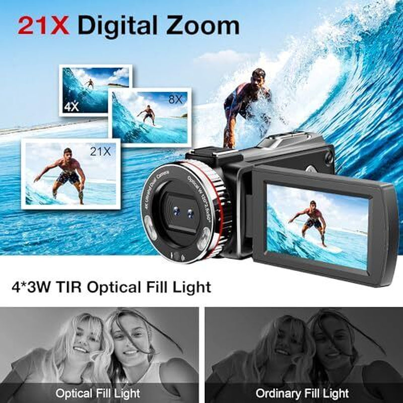 4K Video Camera Camcorder, 64MP UHD Vlogging Dual Camera for Youtube, 21X