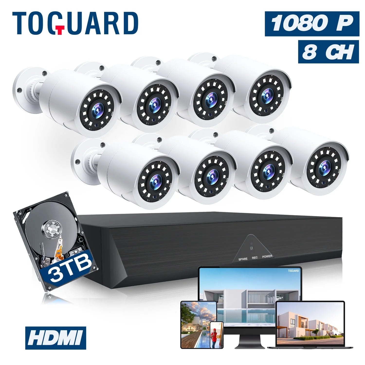 SC35 8CH CCTV Security Camera System Outdoor with 3TB Hard Drive 8Pcs Wired 1080P Bullet Surveillance Cameras HDMI Connector