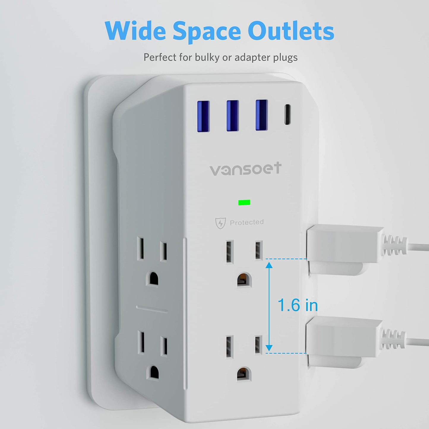 Surge Protector, Outlet Extender with 6 Outlets and 4 USB Ports (1 USB C), 2100 Joules Power Strip, 3 Sided Multi Plug Outlet