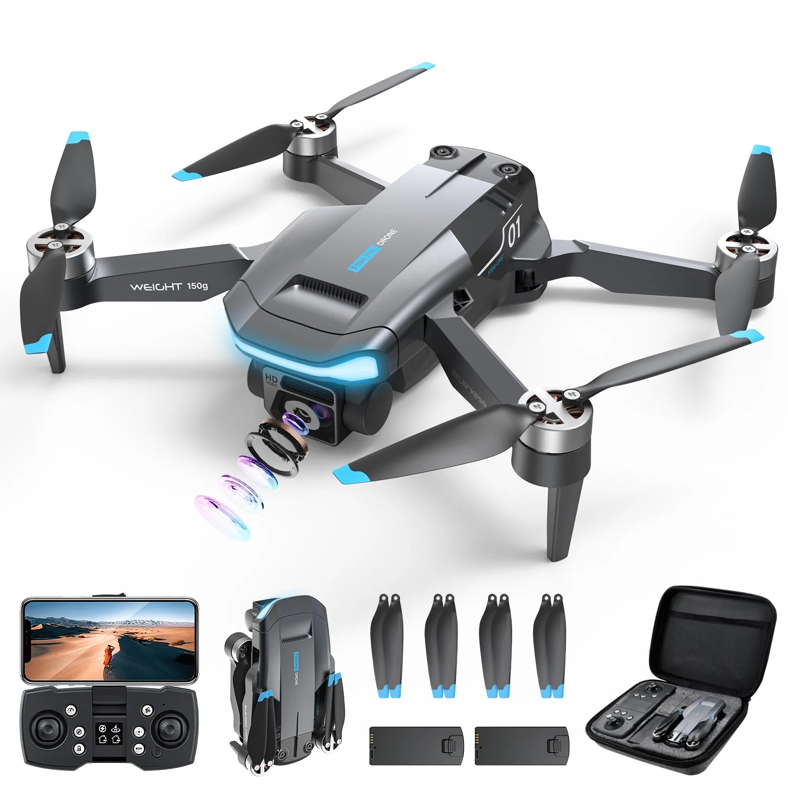 GPS Drone F194 with Camera for Adults 4K ,  Foldable Drone for Beginners with Auto Return Home, Optical Flow Positioning, Follow Me, Brushless Motor, 2 Batteries