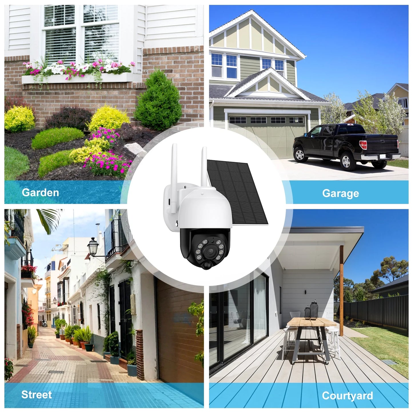 2K Solar Security Camera Outdoor, Security Camera Wireless Wifi with Spotlight, 4X Digital Zoom, 360° View, PIR Motion Detection, Full Color Night Vision, IP66 Waterproof, Two-Way Talk