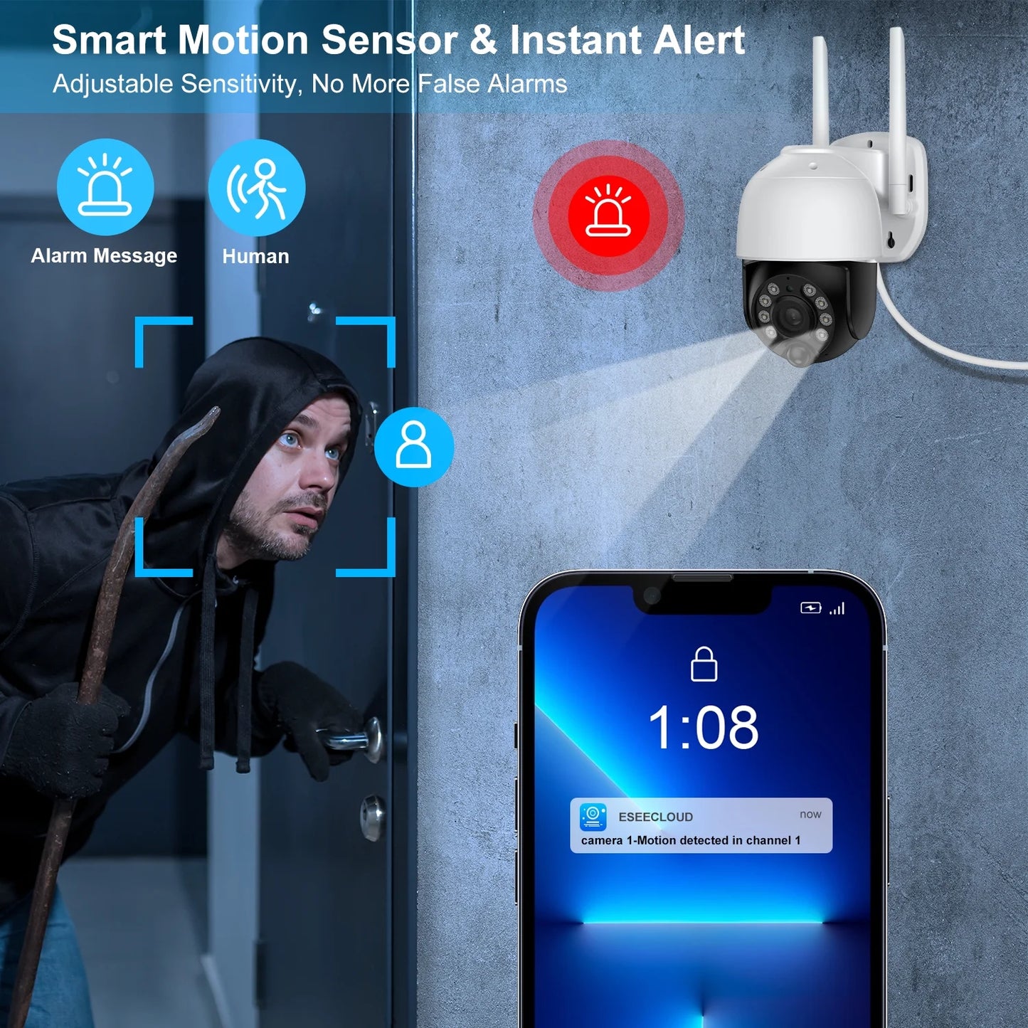 2K Solar Security Camera Outdoor, Security Camera Wireless Wifi with Spotlight, 4X Digital Zoom, 360° View, PIR Motion Detection, Full Color Night Vision, IP66 Waterproof, Two-Way Talk