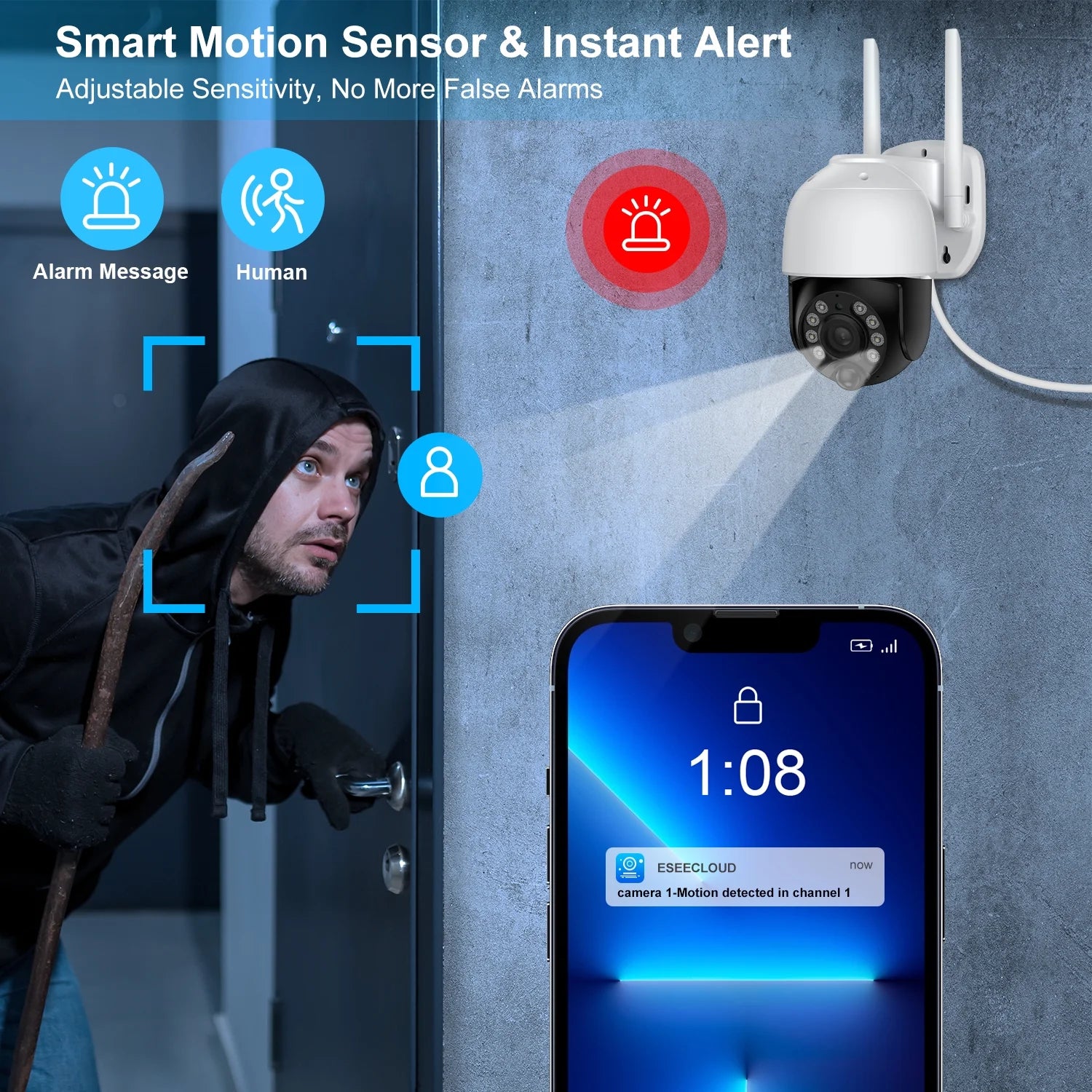 2K Solar Security Camera Outdoor, Security Camera Wireless Wifi with Spotlight, 4X Digital Zoom, 360° View, PIR Motion Detection, Full Color Night Vision, IP66 Waterproof, Two-Way Talk