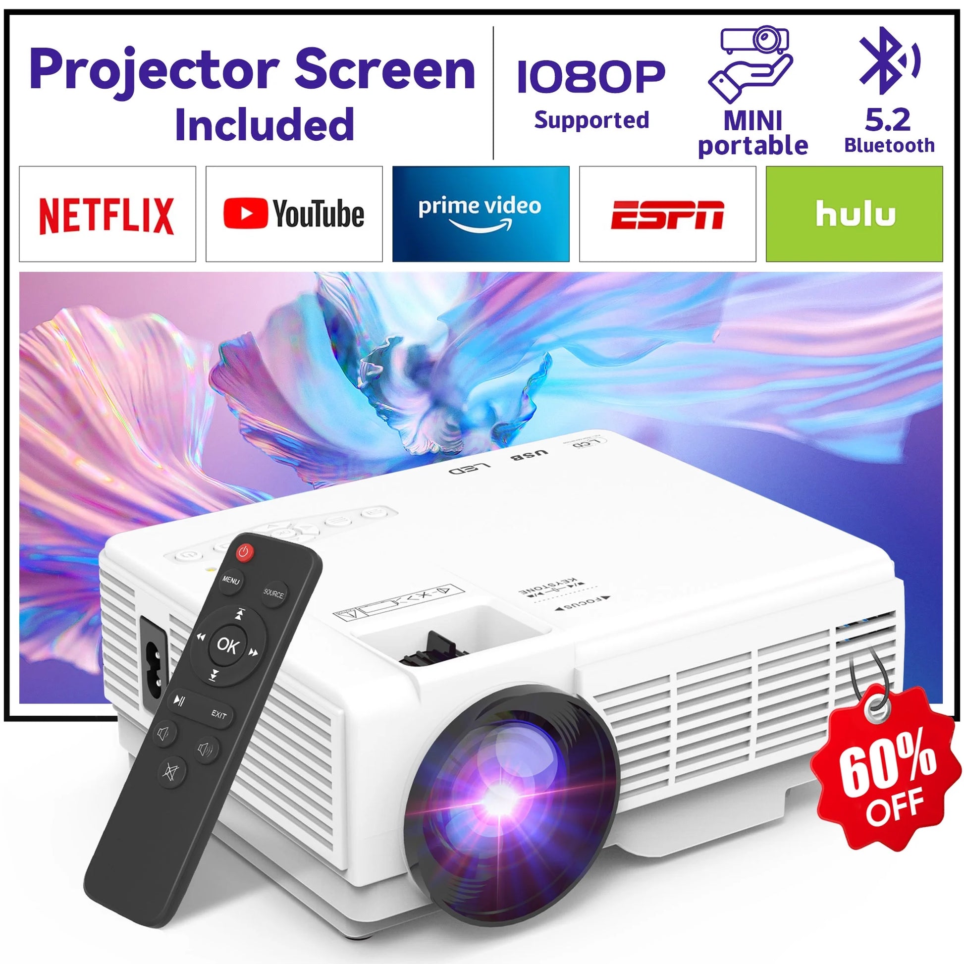 DR.J Professional Mini Projector with Bluetooth 5.2 and Screen, 8000L HD 1080P Projector, 200" Screen Supported