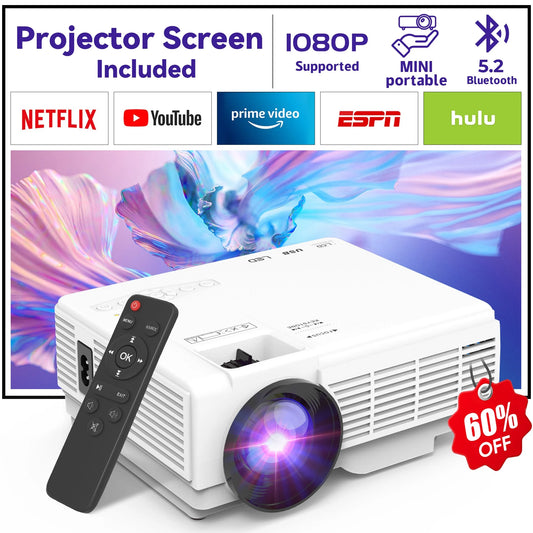 DR.J Professional Mini Projector with Bluetooth 5.2 and Screen, 8000L HD 1080P Projector, 200" Screen Supported