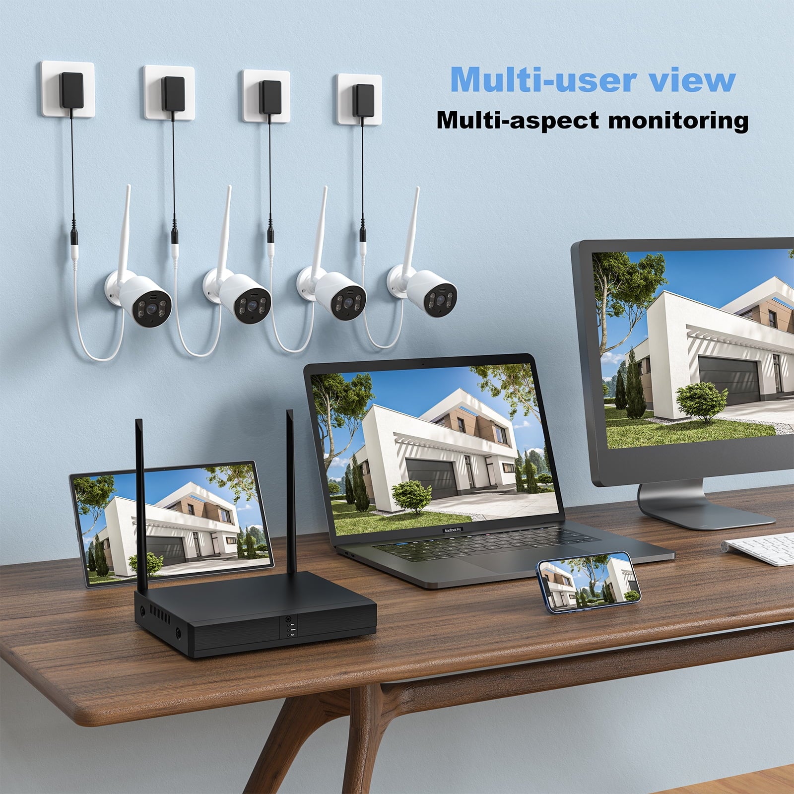4Pcs Wired Security Camera System, 8CH 3MP NVR, 1080P Surveillance Cameras with Color Night Vision, IP66 Waterproof, Indoor/Outdoor, Wireless Wi-Fi APP Control, No HDD