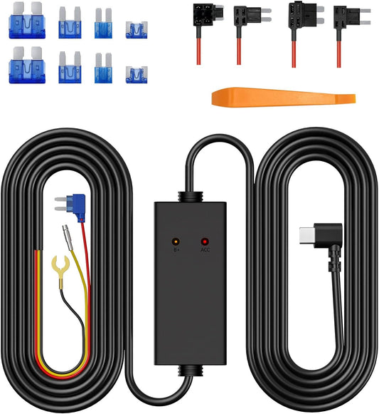 11.5Ft Type-C Dash Cam Hardwire Kit (V5F), 12V-24V To5V 3A Car Dashboard Cam Charger Power Cable with 4 Fuse Taps, Low Voltage Protection for V100、V100Pro、S50