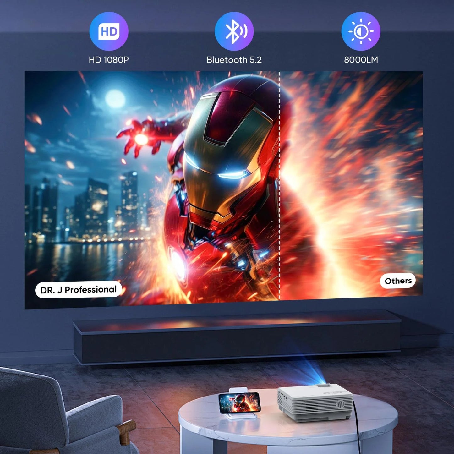 DR.J Professional Mini Projector with Bluetooth 5.2 and Screen, 8000L HD 1080P Projector, 200" Screen Supported