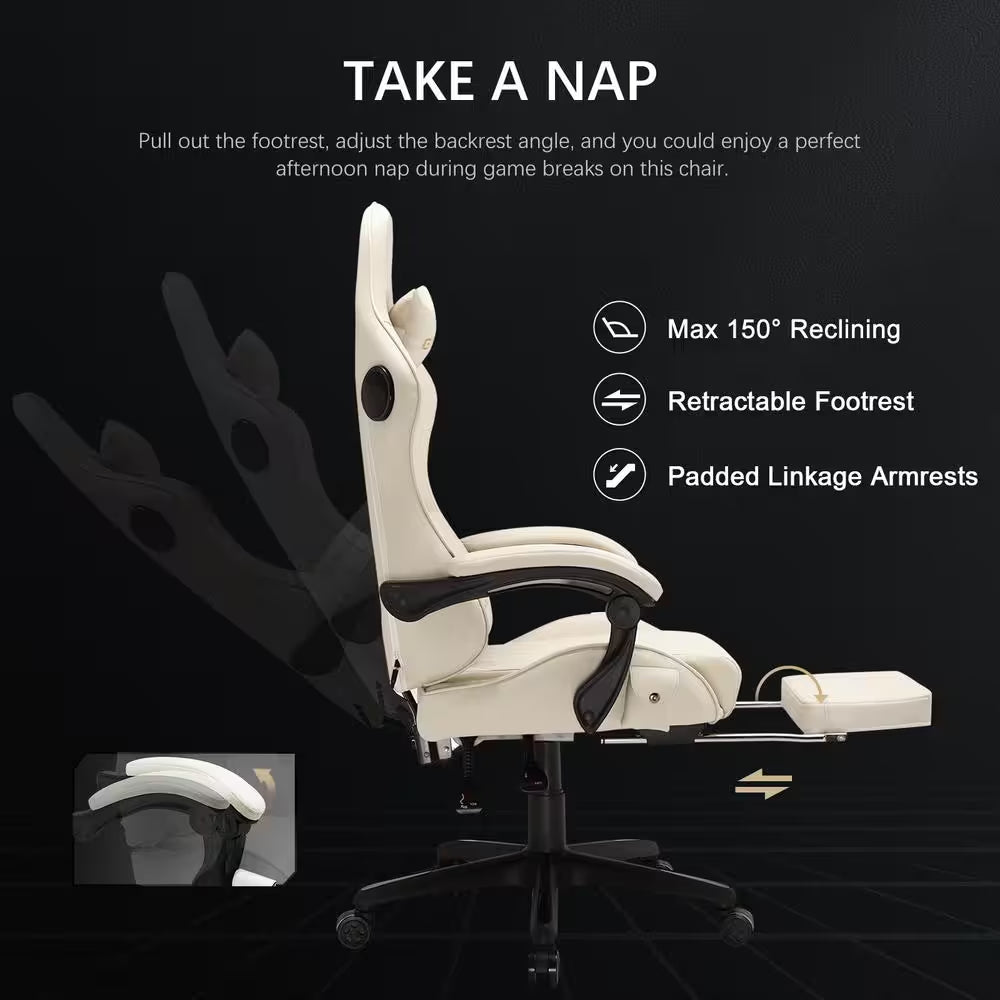 Gaming Chair with Dual Bluetooth Faux Leather Computer Chair with Footrest Ergonomic Computer Seat, Ivory