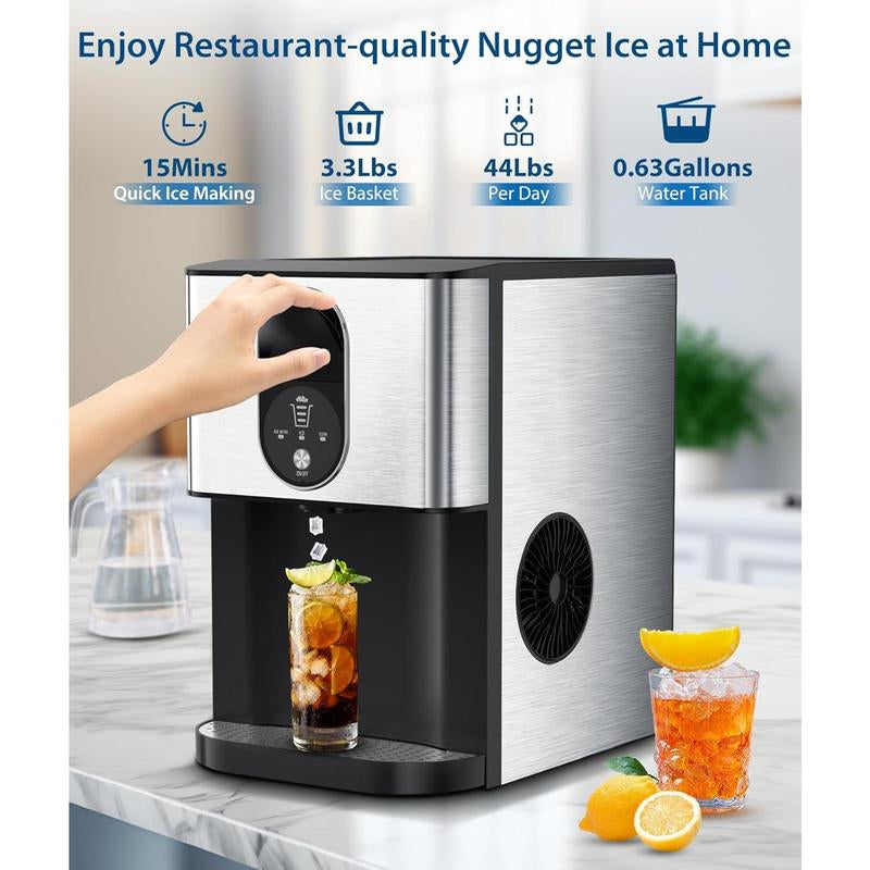 COWSAR Nugget Ice Maker Dispenser, Self Dispensing Pellet Ice Maker, 44Lbs/24H, 15Mins Quick Ice Make, 3.3Lbs Ice Storage, Ice Full Indicator, Self-Cleaning, Home, Kitchen, Bar, Party