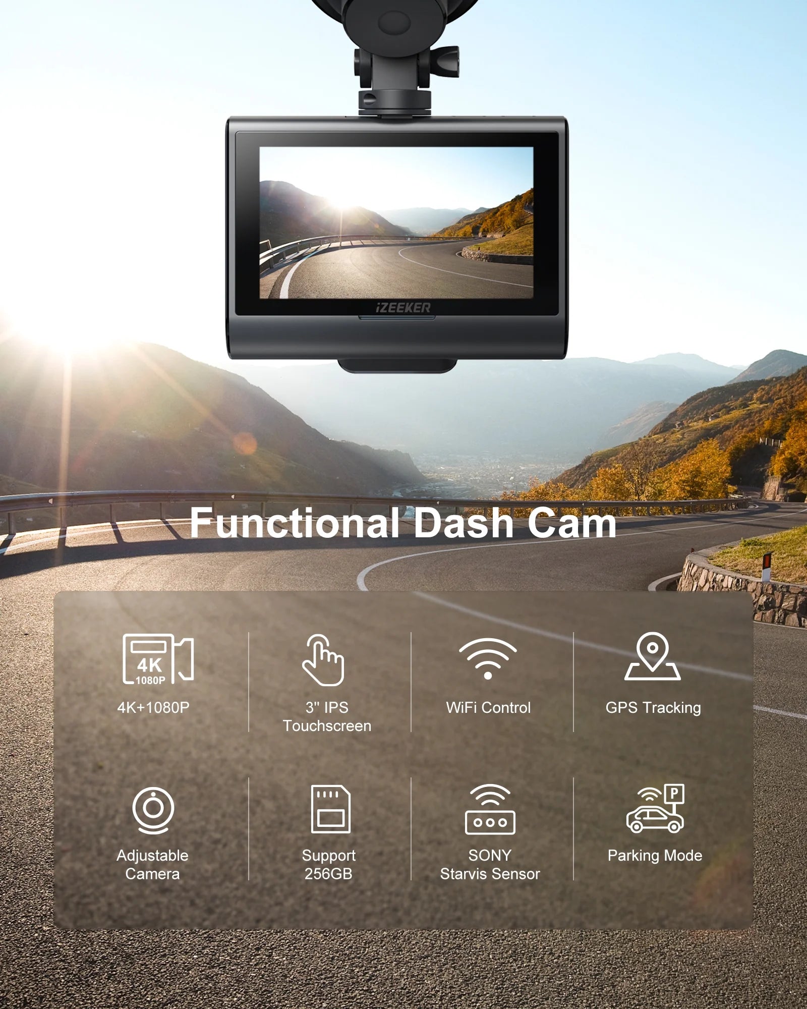 4K Dash Cam Front and Rear Wi-Fi GPS, 3" Touchscreen, 4K+1080P Dual Dashcam, 1 Pack, New